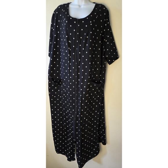 Dreams & Co. Plus Size 1X Long French Terry Zip-Front Robe Black White Polka Dot - Picture 1 of 9
